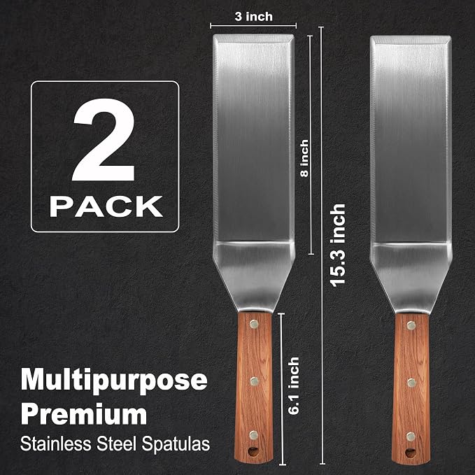 Extra Long Metal Griddle Spatula Set of 2 | Stainless Steel Grill Spatula,Grill Accessories for Blackstone,BBQ Tools,Full Tang Wooden Handle,Beveled Edges for Flat Top