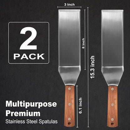 Extra Long Metal Griddle Spatula Set of 2 | Stainless Steel Grill Spatula,Grill Accessories for Blackstone,BBQ Tools,Full Tang Wooden Handle,Beveled Edges for Flat Top