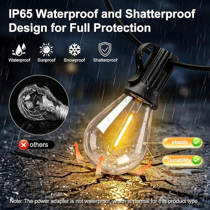 100FT Solar String Lights Outdoor, IP65 Waterproof Shatterproof Dimmable LED Bulbs, Solar & USB Powered, 20+ Hrs Long Lasting, Hanging Lights for Outside Patio, Backyard, Garden, Wedding, Party Decor