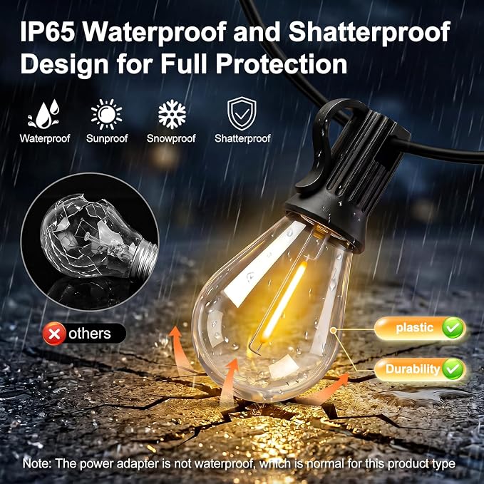20FT Solar String Lights Outdoor Waterproof IP65, Shatterproof with LED Bulbs Long Last for 20+Hrs,USB & Solar Powered Patio Lights for Backyard, Porch, Garden, Wedding, Christmas,Party Decor