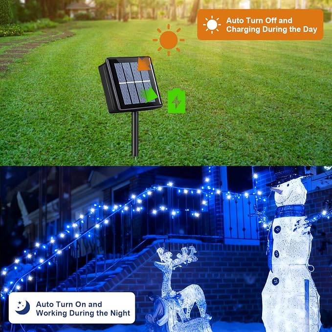 QITONG 2 Pack Blue and White Solar Christmas Lights, Each 66ft 200 LED Solar String Lights Outdoor Waterproof, 8 Modes Solar Twinkle Light for Outside
