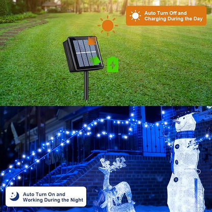 QITONG 2 Pack Blue and White Solar Christmas Lights, Each 66ft 200 LED Solar String Lights Outdoor Waterproof, 8 Modes Solar Twinkle Light for Outside