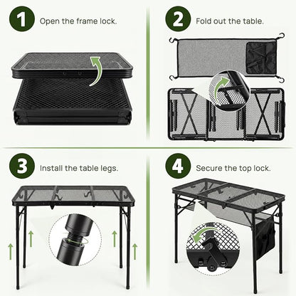 Folding Grill Table, 34"x16" Portable Camping Table with Storage Pocket, Heat Resistant & Waterproof Outdoor Picnic Table, Sturdy Lightweight for Travel Cooking BBQ, Camping, Backyard