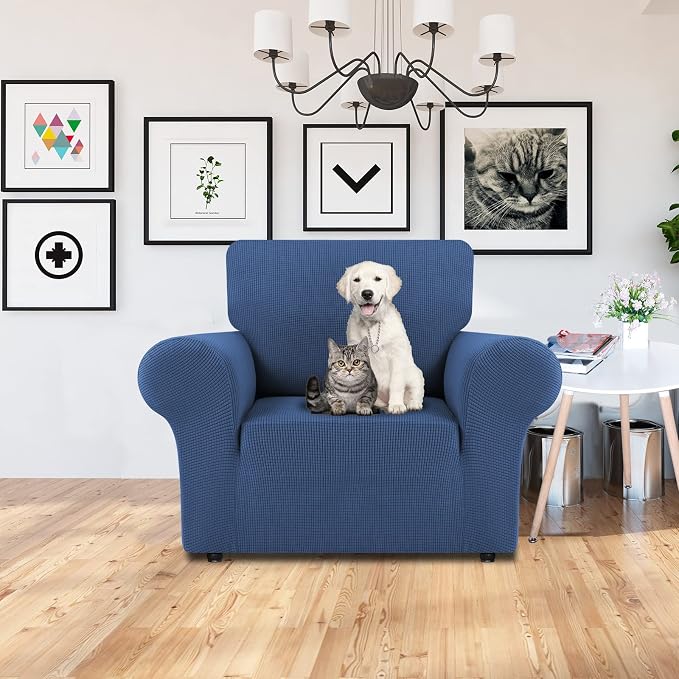 LURKA Stretch Chair Cover for Sofa, 1 Piece Armchair Slipcover, Blue | Soft Stretch Jacquard, Fits 31"-55" Armchairs, Elastic Bottom for Secure Fit, Machine Washable, Pet & Kid Friendly