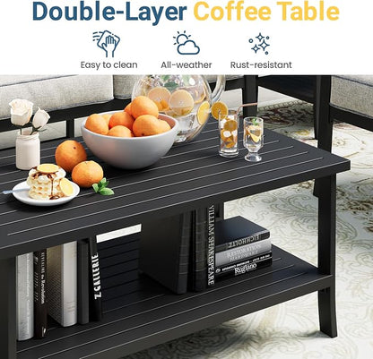 Outdoor Patio Furniture Set, 5 Seats Outdoor Patio Set with 4" Thick Cushion, All-Weather Metal Patio Sofa with Coffee Table, Outdoor Sectional Furniture for Porch Backyard Deck Yard, Black&Beige