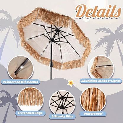CroBlissful 7.5 ft Solar Tiki Umbrella with 32 LED Lights, Hula Thatched Patio Umbrella, UPF 50+, Hawaiian Style Beach Parasol for Garden, Beach, Pool, and Backyard