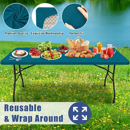 Moosfor 2 Pack Rectangle Spandex Fitted Table Cloth, 4FT Elastic Tablecloth | Washable Picnic Table Cover, Stretch Waterproof Table cloths for Party, Patio, Dining, Kitchen, 30" x 48", Peacock Blue