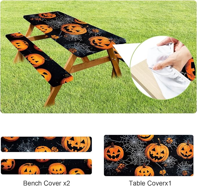 ANNA QUEEN Halloween Pumpkin 6FT Picnic Table Cover Set, Spooky 3PCS 72"x30" Jack-o'-Lantern Tablecloth & Bench Covers, Waterproof Camping Outdoor Decor