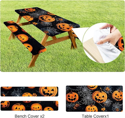 ANNA QUEEN Halloween Pumpkin 6FT Picnic Table Cover Set, Spooky 3PCS 72"x30" Jack-o'-Lantern Tablecloth & Bench Covers, Waterproof Camping Outdoor Decor