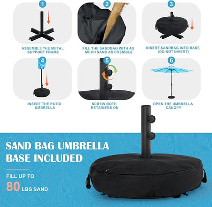 Sundale Outdoor 104 LED 11 FT Solar Patio Umbrella with Base, Blue | Sand Bag Umbrella Base, Tilt, Crank, Solar Lights