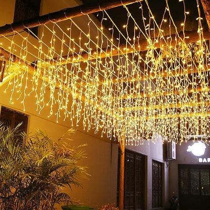 LED Icicle Lights, 8 Modes 19.7FT 150 LEDs Christmas Short Curtain Fairy Hanging Ceiling Extendable Lights for Wedding Balcony Doorway Outdoor Indoor Decoration Warm White, 6M05