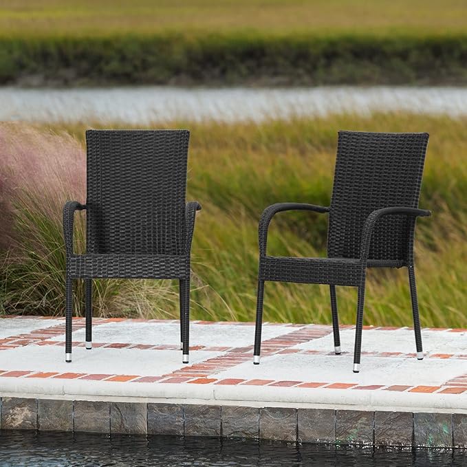 Patio Sense Morgan Outdoor Wicker Chair | Set of 4 | Black | Steel Powder Coated Frame | No Assembly | Lightweight and Portable | Zero Maintenance | For Indoors, Porch, Backyard, Lawn, Garden, Balcony