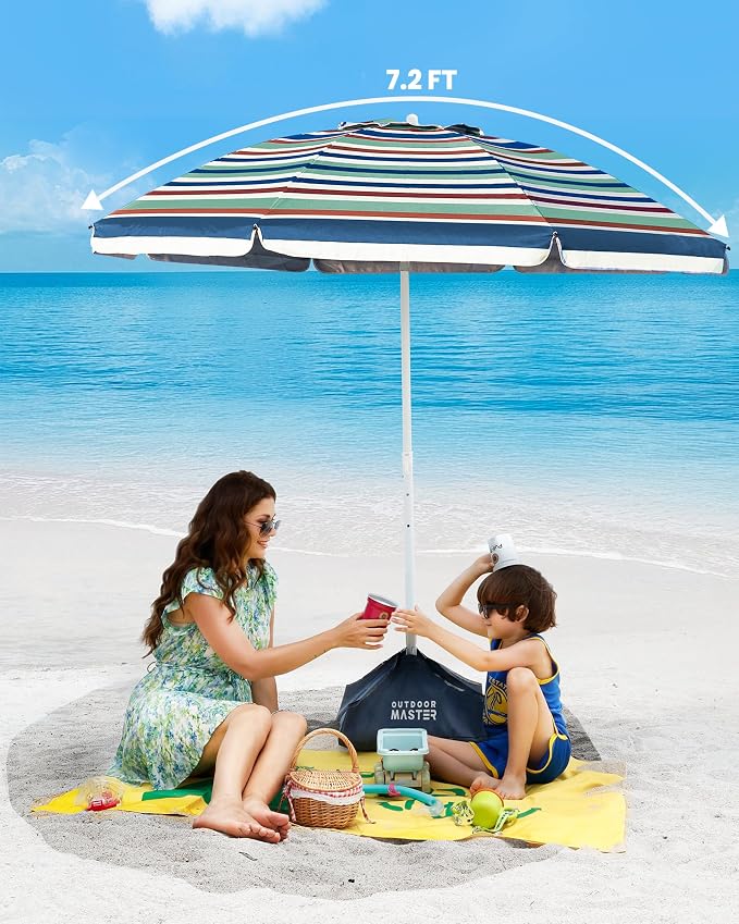 OutdoorMaster 7.2ft Beach Umbrellas for Sand with Sandbag & Anchor | 7.2ft Adjustable Umbrella for Beach, Wind Resistant, Portable UPF50+ Sunshade with Carry Bag for Patio