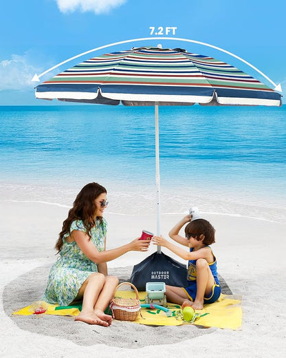 OutdoorMaster 7.2ft Beach Umbrellas for Sand with Sandbag & Anchor | 7.2ft Adjustable Umbrella for Beach, Wind Resistant, Portable UPF50+ Sunshade with Carry Bag for Patio