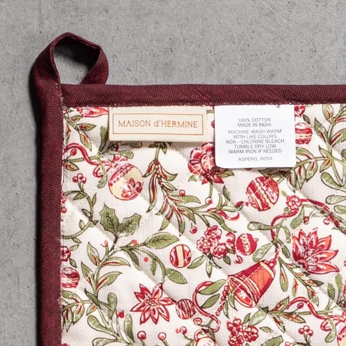 Maison d' Hermine 100% Cotton Oven Mitt & Pot Holder Set (7.5"x13" & 8"x8") | Heat Resistant BBQ Cooking Gloves with Loop Baking Kitchen Hotel Home Farmhouse Thanksgiving Christmas - Reveillon Au Jardin