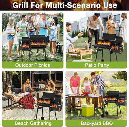 BLKMTY 43" Charcoal Grills Outdoor BBQ Grill with Offset Smoker Camping Portable Grill Camping Barbecue Grills with Side Fire Box for 6-10 People Patio Backyard Picnic BBQ, Black