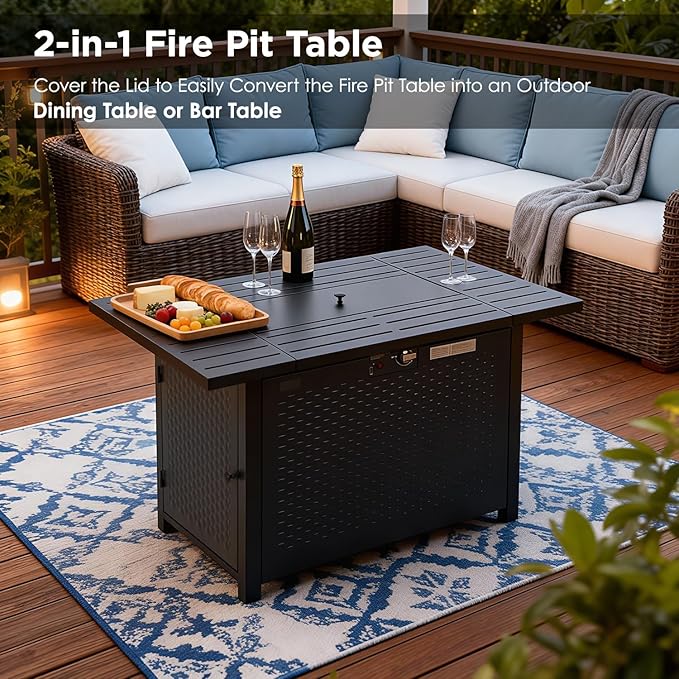 FDW 43 Inch Outdoor Propane Fire Pit Table with Glass Wind Guard, Rectangular Patio Fire Table, 50,000 BTU Smokeless Gas Firepit for Backyard, Garden & Poolside