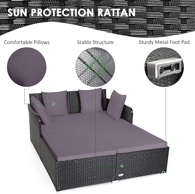 Tangkula Outdoor Rattan Daybed, Sunbed Wicker Furniture w/Spacious Seat, Upholstered Cushion & High-Resilience Sponge, Wicker Patio Sofa Set w/Extra Pillows for Courtyard Poolside (Grey)