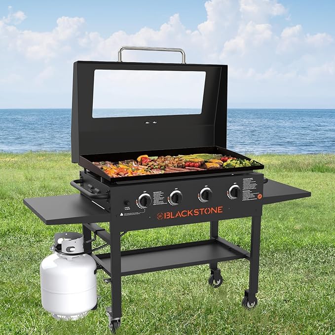 Upgrade Hinged Lid for Blackstone 36" Omnivore Griddle Hood,5856 Visualized Tempered Glass Hard Cover for Blackstone Lid 1554 2210 2177 1984 etc. 36 Omnivore Flat Top Griddle Accessories w/Thermometer