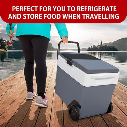 Koolatron Thermoelectric Iceless 12V Cooler/Warmer 33 qt (31 L) w/Wheels, Portable Electric Rolling Car Fridge w/ 12 Volt DC Power Cord, Grey/White, Travel Road Trips Camping, Made in North America