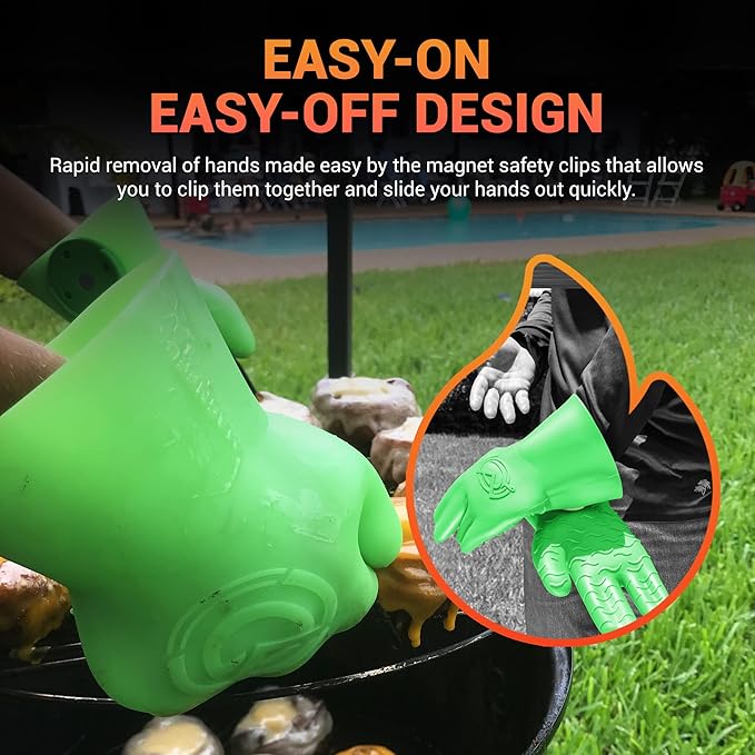 MagneCHEF Freedom Series Magnetic Quick-Release BBQ Gloves – Get Out Fast, 500°F Heat Resistant Silicone, 3mm Thick, Non-Slip Grip, Waterproof & Easy Clean (Green Glow in the Dark)