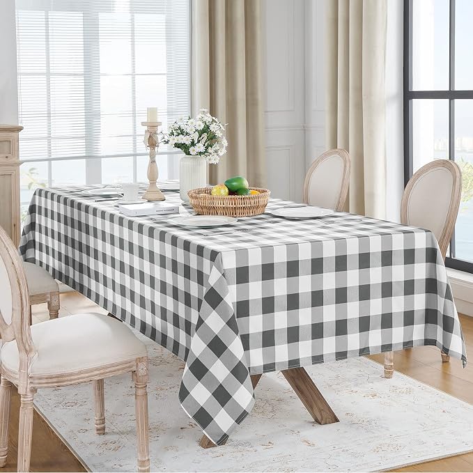 Softalker Gingham Checkered Tablecloth Rectangle - Outdoor Waterproof Buffalo Plaid Table Cloth, Stain Resistant Washable Table Cover for Picnic, Camping, Dining - Grey and White, 54 x 120 Inch