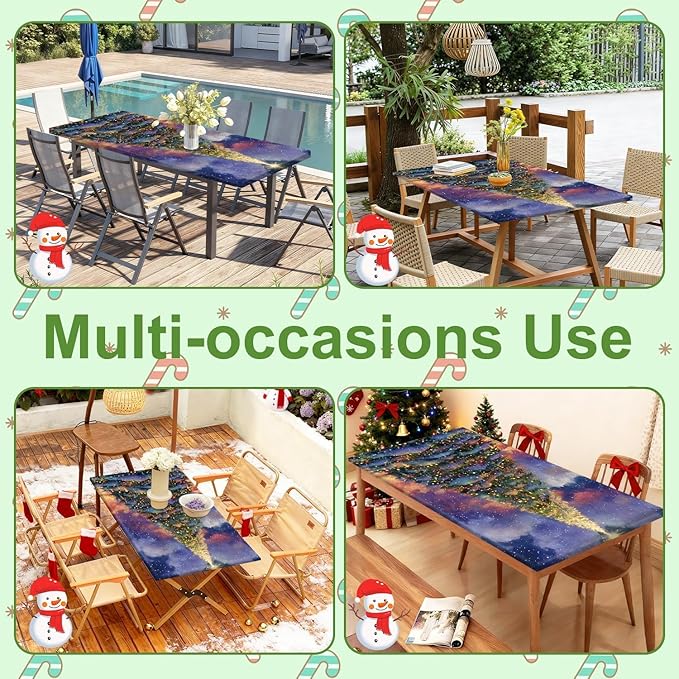 Christmas Picnic Table Cover with Bench Cover, Outdoor Picnic Table Elastic Tablecloth, Green Santa Claus and Reindeer Design, Camping, Barbecue and Holiday Party Tablecloth
