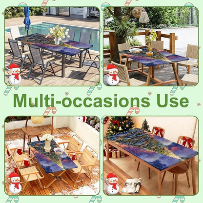 Christmas Picnic Table Cover with Bench Cover, Outdoor Picnic Table Elastic Tablecloth, Green Santa Claus and Reindeer Design, Camping, Barbecue and Holiday Party Tablecloth