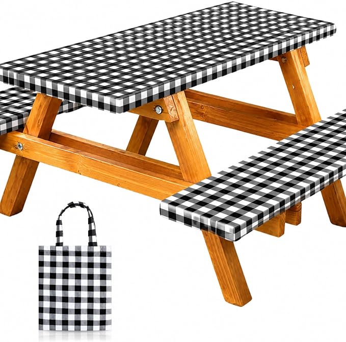 Vinyl Fitted Picnic Table Cover with Bench Covers & Bag 6ft Black Checkered | Rnoony Outdoor Waterproof, Windproof Tablecloth with Elastic Edges. Camping RV Gear Campers Must Have 72x30 Inches