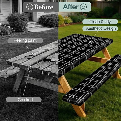 Picnic Table Cover with Bench Covers Camping Essentials Waterproof Windproof Camping Tablecloth with Drawstring Bag, Fitted Rectangle Tables and Seats, 72in, Black Checkered