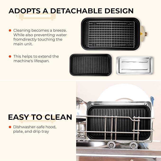 Pukomc Electric Indoor Grill,2 in 1 Indoor Grills for Kitchen | Smokeless Grill Net & Non-Stick Cooking Removable Plate,Temperature Control,Dishwasher Safe,1700W Beige