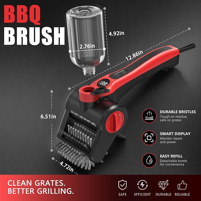 Electric Grill Brush with Water Spray System, Cordless BBQ Grill Cleaner, Rechargeable Power Scrubber for Gas, Charcoal & Pellet Grills, IPX8 Waterproof Grill Cleaning Brush with Scraper & Case