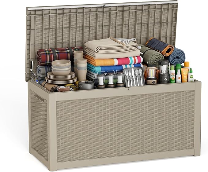 ROJIK 320 Gallon Deck Box Outdoor Waterproof,Weatherproof Outdoor Storage Boxes Lockable with Lid,Outside Resin Storage Bench for Patio Cushions,Garden Tools and Pool Accessories(Grey)
