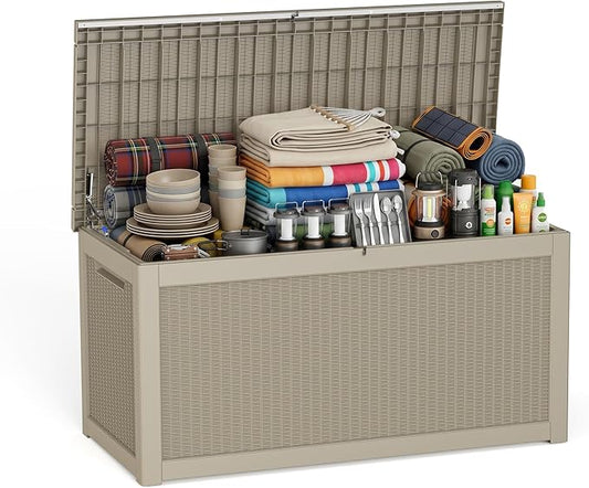 ROJIK 320 Gallon Deck Box Outdoor Waterproof,Weatherproof Outdoor Storage Boxes Lockable with Lid,Outside Resin Storage Bench for Patio Cushions,Garden Tools and Pool Accessories(Grey)