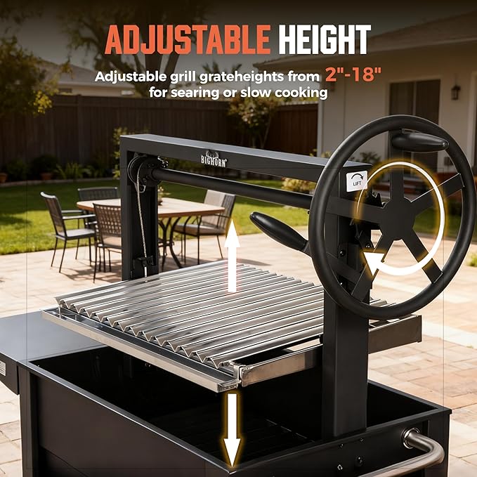 BIG HORN Santa Maria Grill, Argentine Parrilla Grill with Adjustable Height Grate, Wood Fire & Charcoal BBQ Grill, Large Outdoor Open Fire Grill with Storage for Patio & Backyard