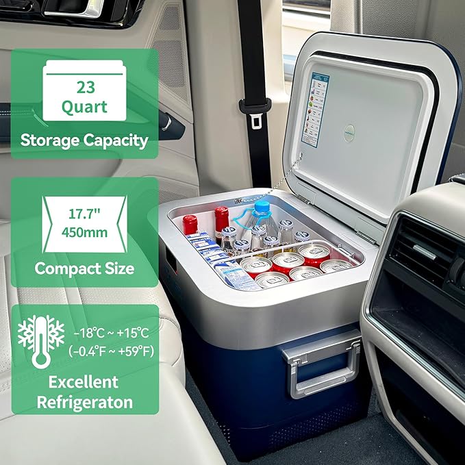 Megiu Car Refrigerator Portable Car Fridge 12V Refrigerator 23 Quart (22 Liter) Freezer Compressor Cooler 12V/24V DC 110～240 V AC for Outdoor Camping Travel Home Use -18℃~+15℃ (Blue)