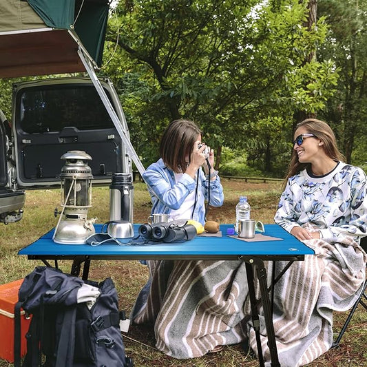 VILLEY Portable Camping Table with Adjustable Legs, Lightweight Aluminum Folding Beach Table with Carrying Bag for Outdoor Cooking, Picnic, Beach, Backyards, BBQ and Party - Blue