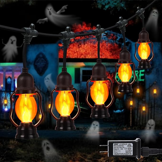Halloween Flame String Lights,21FT Orange Halloween Lights with 10 Bulb | Flickering Flame, Timer, Waterproof LED Outdoor Patio Lights for Yard Garden Bistro Porch Indoor Outdoor Halloween Decor