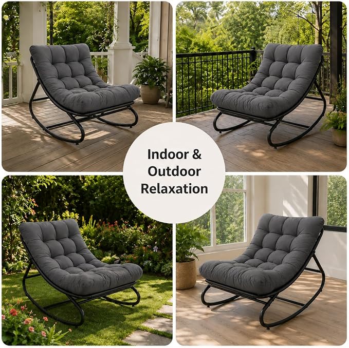 Garvee Papasan Rocking Chair, Thick Cushion, 450 lb Frame, Walnut Brown | Gentle rocking motion and a roomy curved seat create a calm reading retreat for patios, balconies, bedrooms or living rooms.