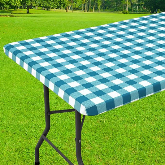 Smiry Rectangle Picnic Table Cloth, Elastic Waterproof Fitted Vinyl Tablecloths, Flannel Backed Buffalo Plaid Table Covers for Dining, Camping, Outdoor (White and Turquoise, 30" x 96")