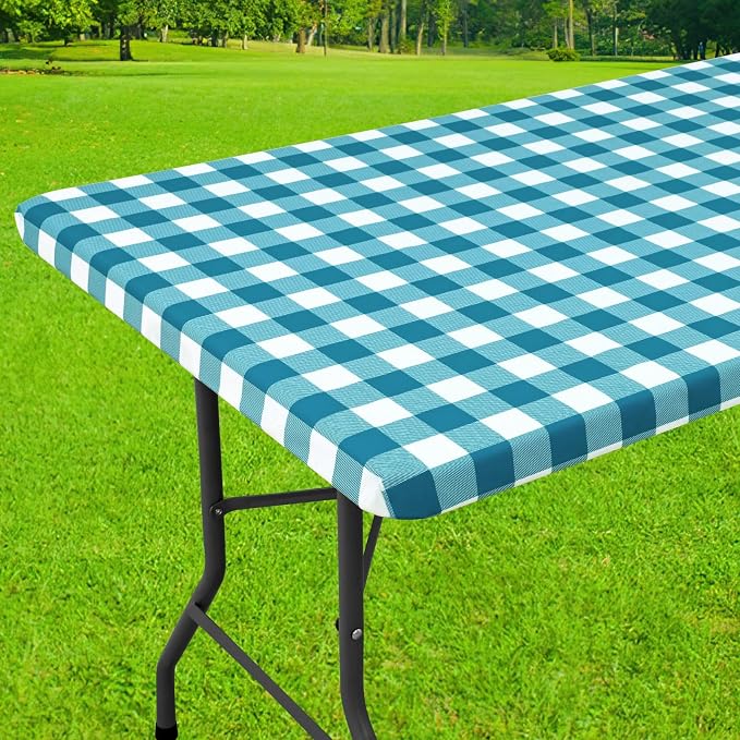 Smiry Rectangle Picnic Table Cloth, Elastic Waterproof Fitted Vinyl Tablecloths, Flannel Backed Buffalo Plaid Table Covers for Dining, Camping, Outdoor (White and Turquoise, 30" x 72")
