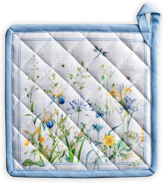 Maison d' Hermine Pot Holders 100% Cotton Heat Resistant Potholders 8" x 8" Hot Pads with Loop BBQ Cooking Baking Hotel Farmhouse Kitchen Handling Hot Pans Spring Summer (Pack of 1, Fleurs De Mai)