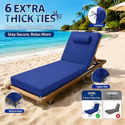 Chaise Lounge Cushion for Outdoor Furniture, Waterproof, Fade-Resistant and Tear Resistant, Patio Lounger Pads with Removable Cover for Pool, Deck, Lawn, 80x26x4 inch, Royal Blue