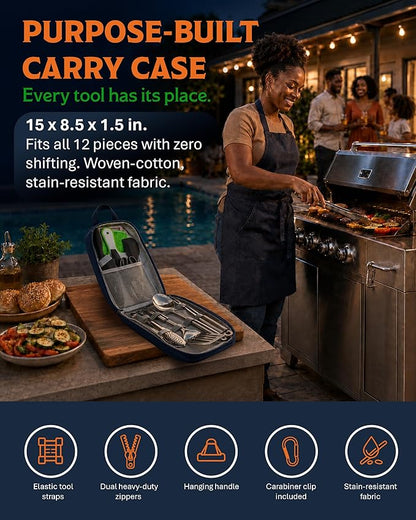 Life 2 Go 12 Pcs Camp Cooking Utensil Set & Outdoor Kitchen Gear Cookware Kit, Portable Compact Carry Case for Camping, Hiking, Travel, BBQ Grilling Stainless Steel Accessories Spoon & Fork, Navy