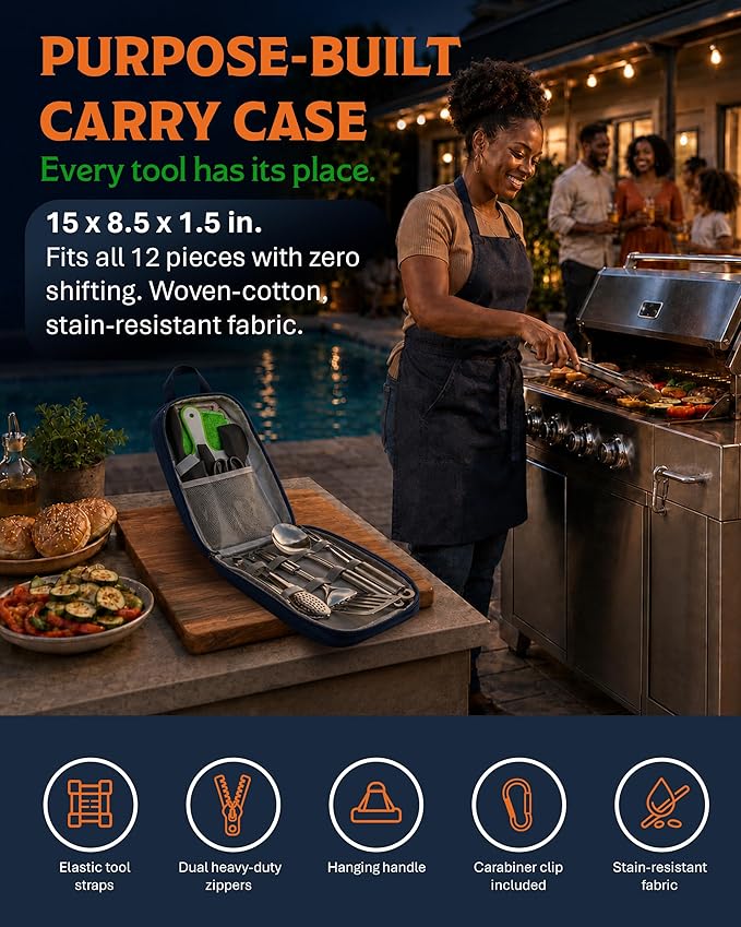 Life2Go 12 Piece Stainless Steel Camping Cooking Utensils Set, Portable Outdoor Kitchen Kit with Chef Knife, Tongs, Spatula, Scissors, Camp Cooking Gear with Carry Case for Hiking, BBQ & Travel, Gray