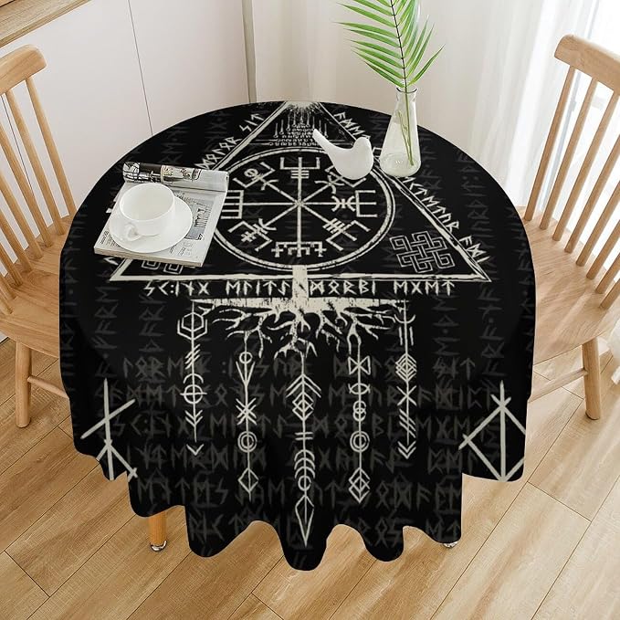 Vintage Viking Pattern Round Tablecloth, Gothic Helm of Terror Scandinavian Viking Seasonal Table Cloth Waterproof Wipeable Table Cover for Picnic Holiday Party Kitchen Dining 60"