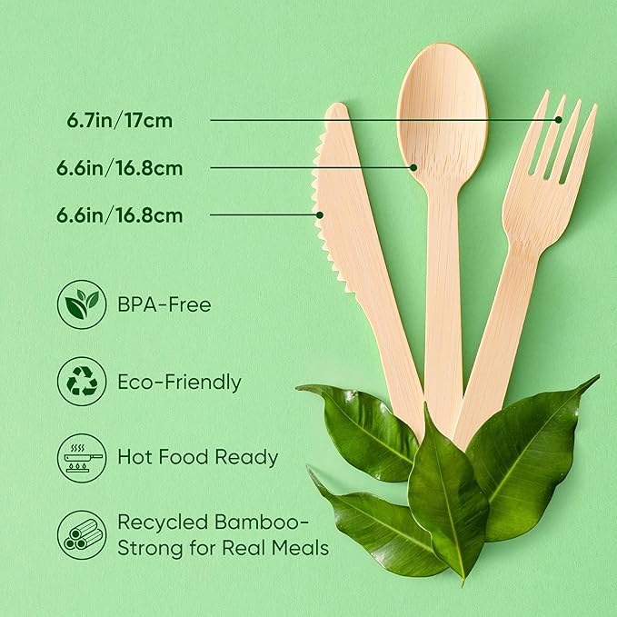 Napkin and Bamboo Cutlery Set, Compostable Utensils Disposable Cutlery for Party, Wedding, BBQ, Camping, Events-100 Pack (Forks, Knives, Spoons, Folded Napkins)