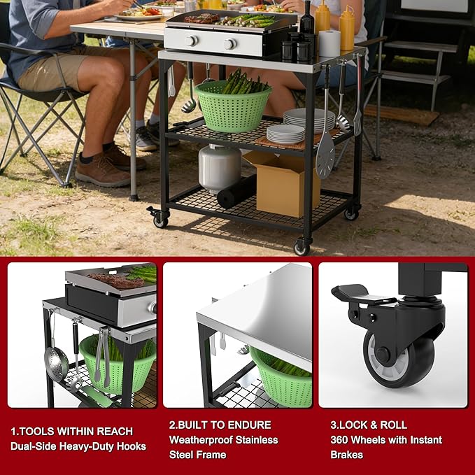 Outdoor Grill Cart Stainless Steel Pizza Oven Trolley Stand on Wheels Three-Shelf Movable Food Prep and Work Table Heavy Duty Grill Carts 31"×24"×35"