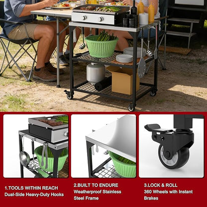 Outdoor Grill Cart Stainless Steel Pizza Oven Trolley Stand on Wheels Three-Shelf Movable Food Prep and Work Table Heavy Duty Grill Carts 31"×24"×35"