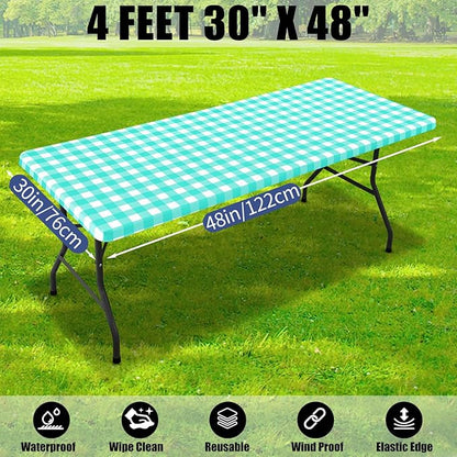 Smiry Picnic Table Cloth 2 Pack, Waterproof Elastic Fitted Tablecloths for 4FT Rectangle Tables, Washable Polyester Buffalo Plaid Tablecloth for Camping, Dining & Outdoor (Teal & White, 30" x 48")
